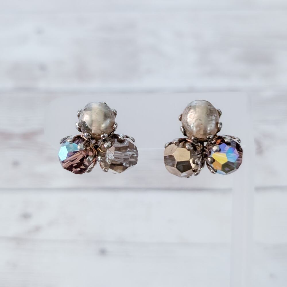 Vintage Clip On Earrings Bronze-ish Tone Cluster with Iridescence